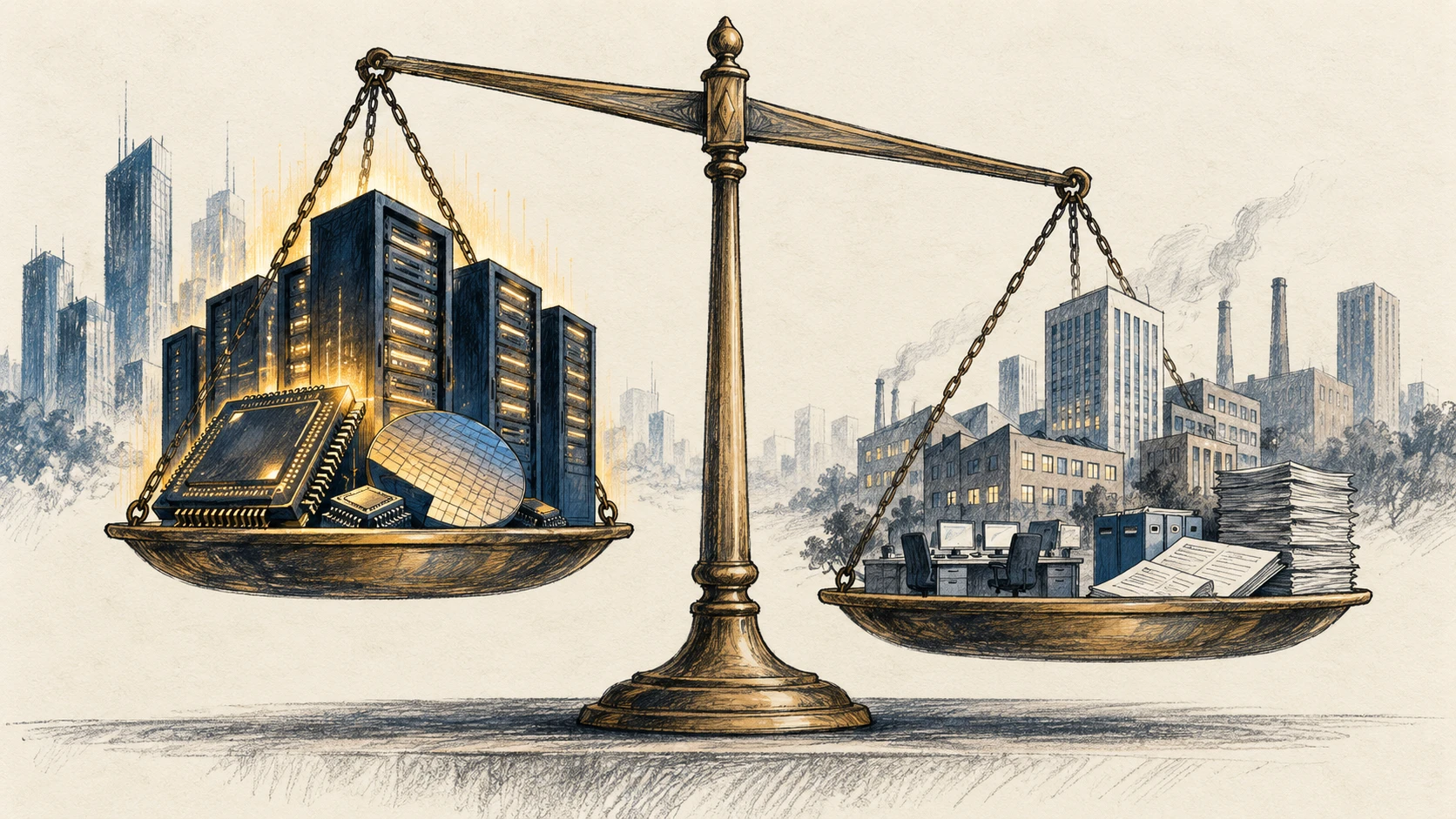 Ilustração editorial com balança entre servidores de inteligência artificial e fábricas e escritórios genéricos