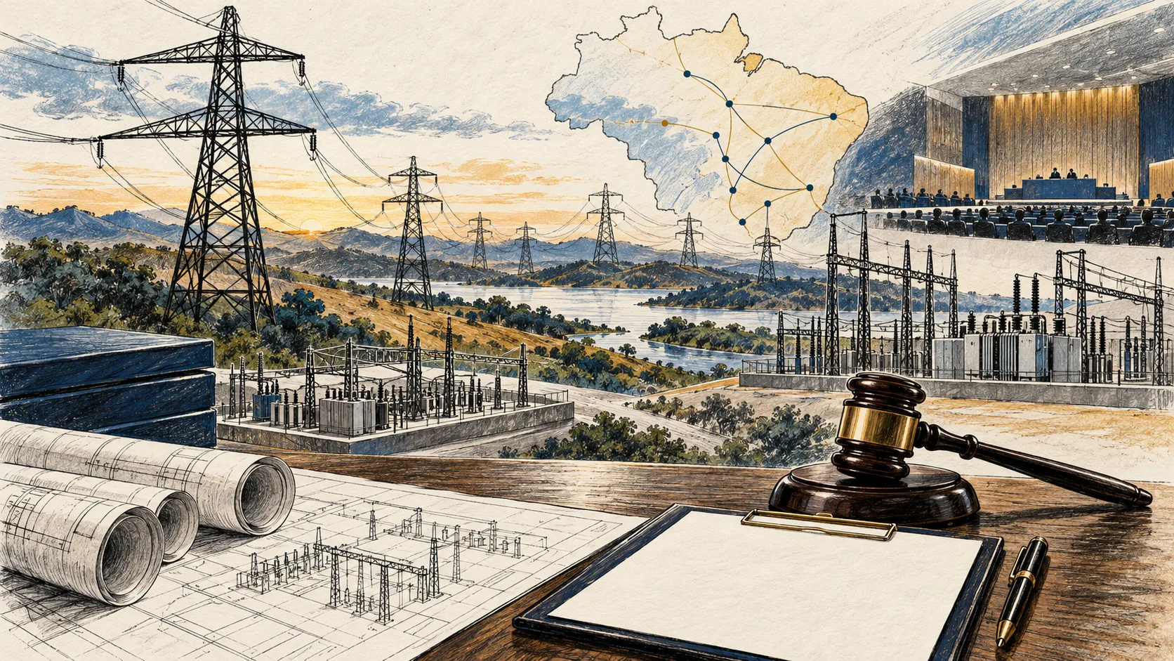 Ilustração editorial de linhas de transmissão, subestações, mapa do Brasil e uma folha de proposta