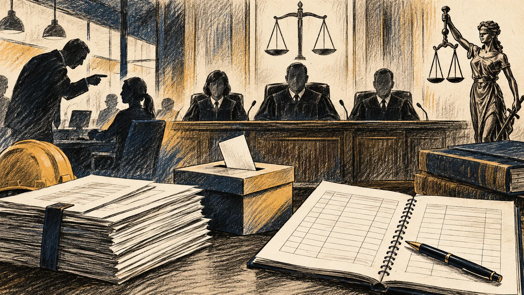 Ilustração editorial de um tribunal trabalhista genérico, documentos de trabalho, uma urna e um registro em branco