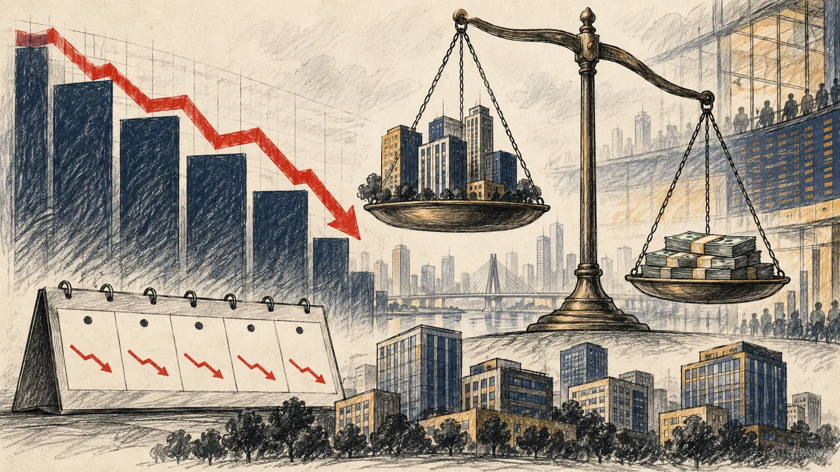 Ilustração editorial com gráfico descendente, empresas genéricas em uma balança, pilhas de dinheiro e calendário de cinco pregões.