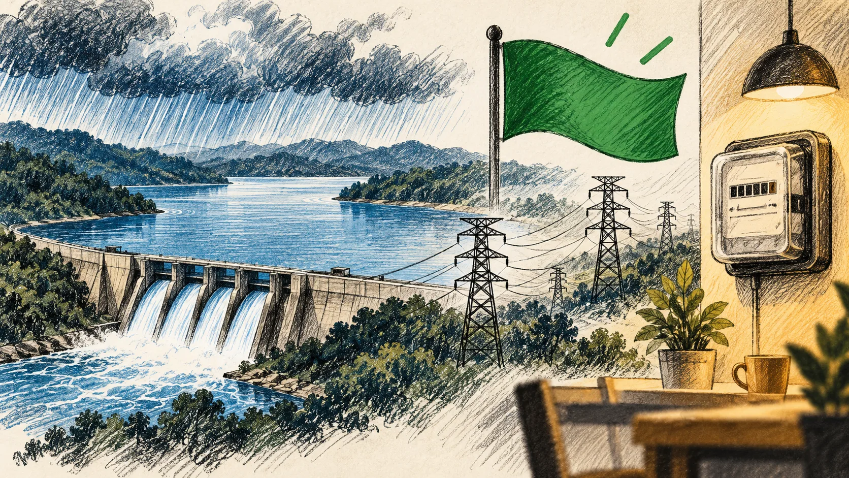 Ilustração editorial de um reservatório, chuva, linhas de transmissão e medidor residencial