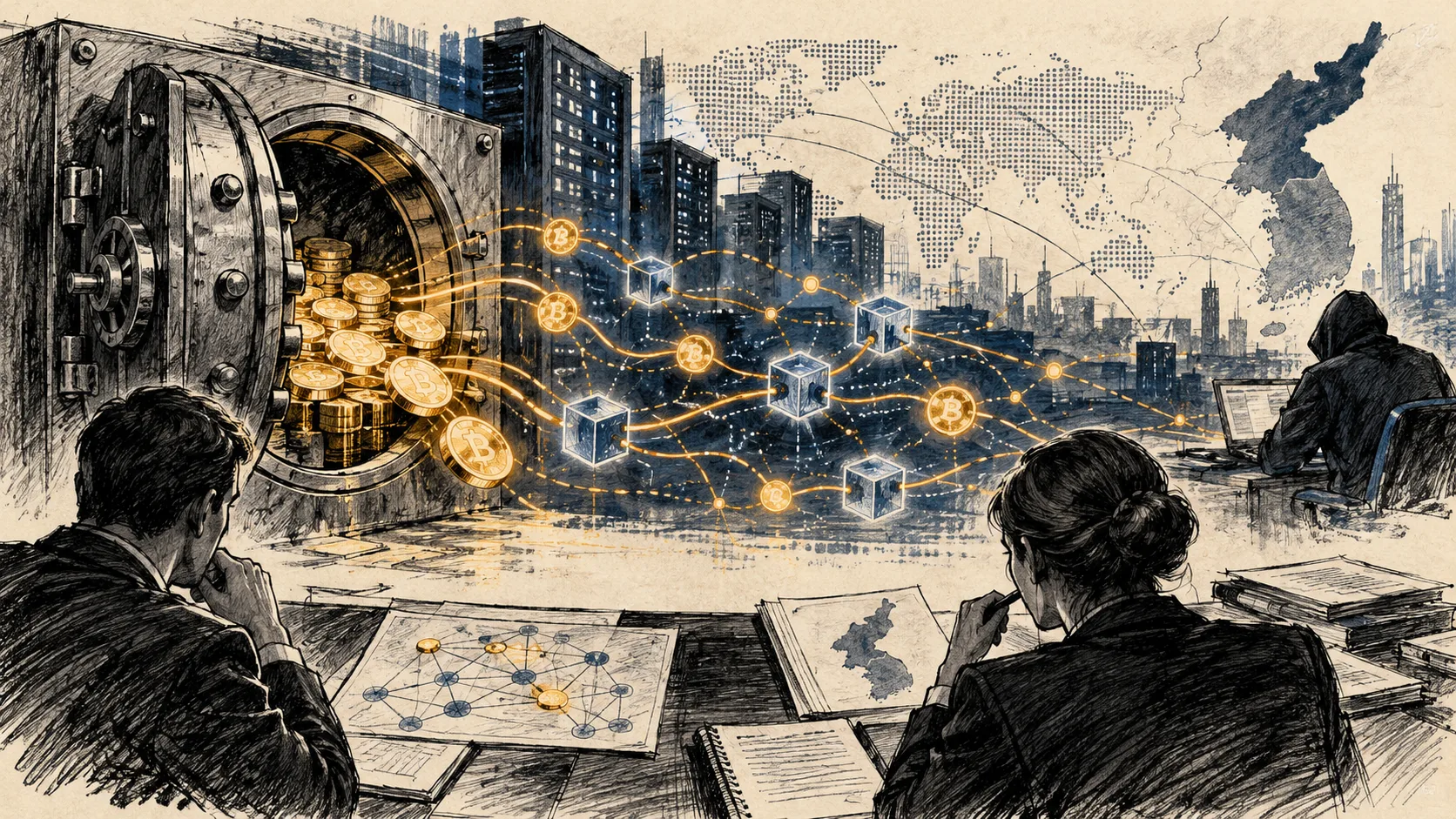 Ilustração editorial de um cofre digital aberto, fluxos de blockchain e elementos de investigação