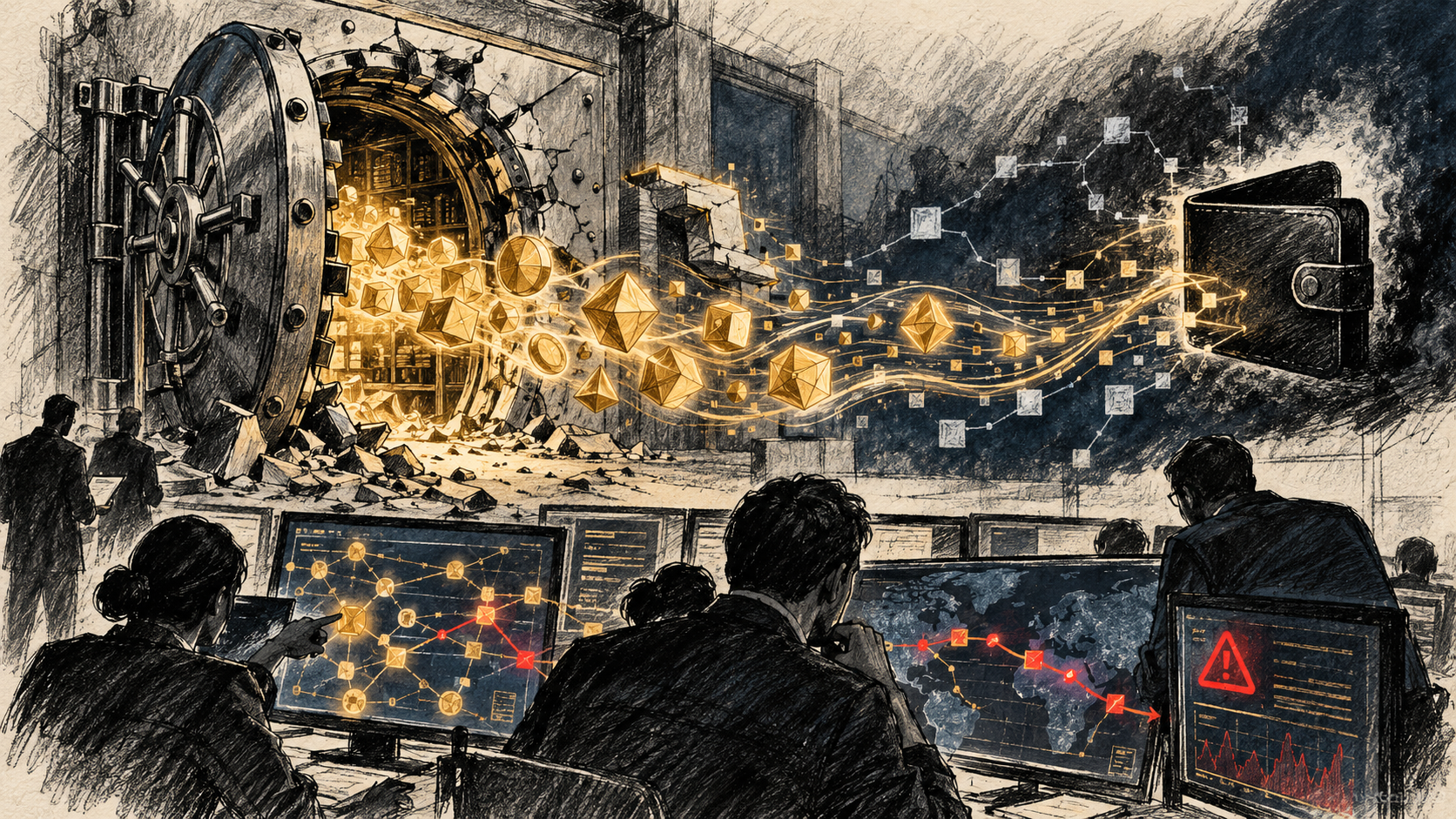 Ilustração editorial de um cofre digital violado, ativos digitais sendo transferidos e investigadores rastreando uma rede de transações