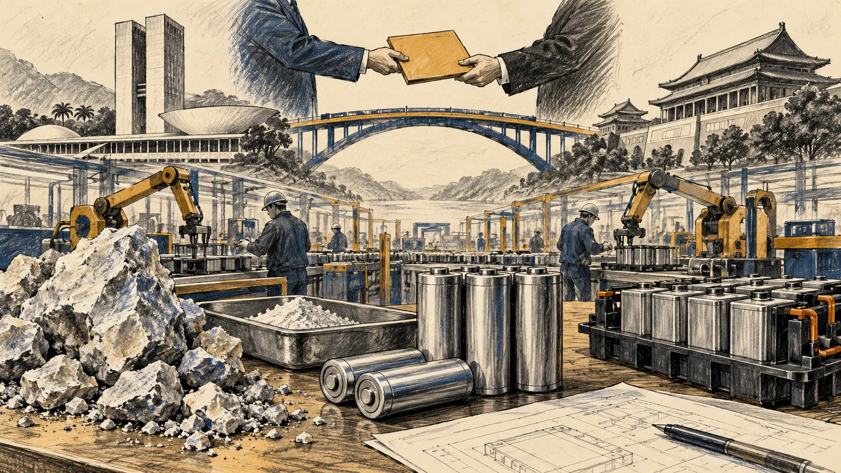 Ilustração editorial de células de bateria, minério de lítio e ponte simbólica entre Brasil e China