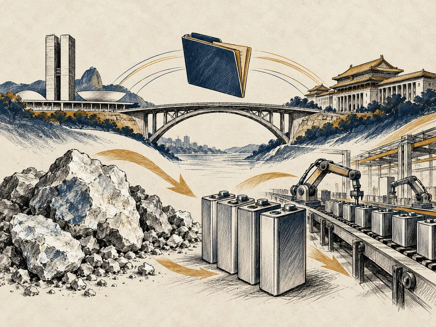 Ilustração editorial de células de bateria, minério de lítio e ponte simbólica entre Brasil e China