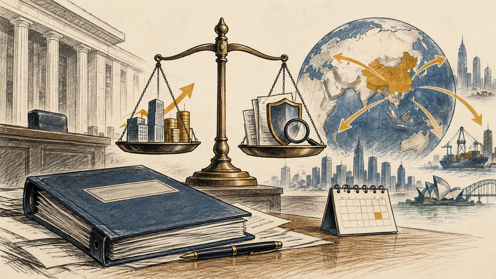 Ilustração editorial com balança entre edifícios e um globo de investimentos, de um lado, e um livro de regras, lupa e calendário, de outro.