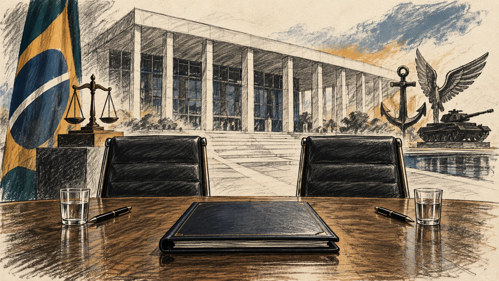 Ilustração editorial em grafite e tinta de um edifício institucional genérico, mesa de transição, pasta sem texto e duas cadeiras vazias