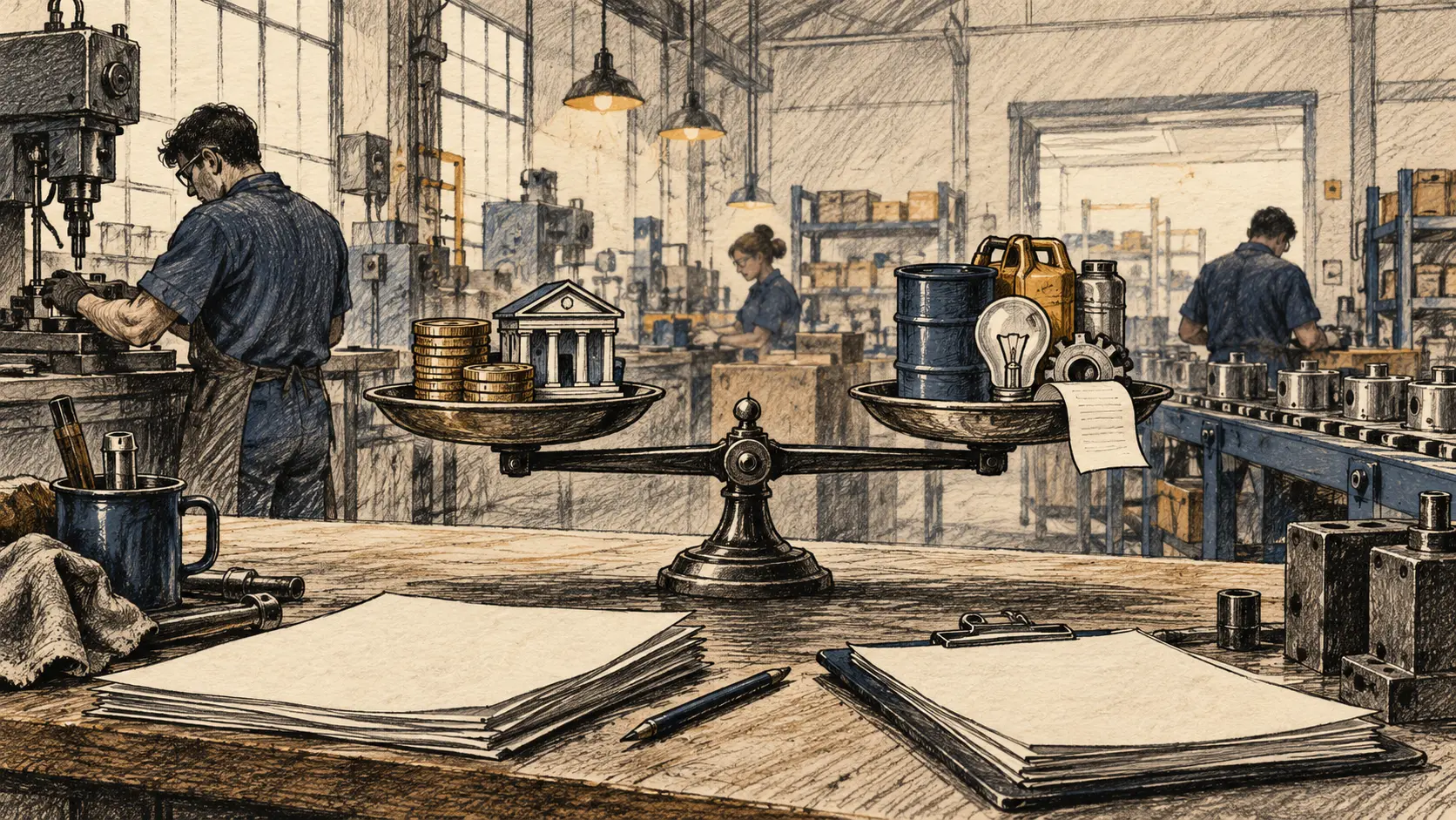 Ilustração editorial de oficina industrial genérica com balança entre crédito e custos