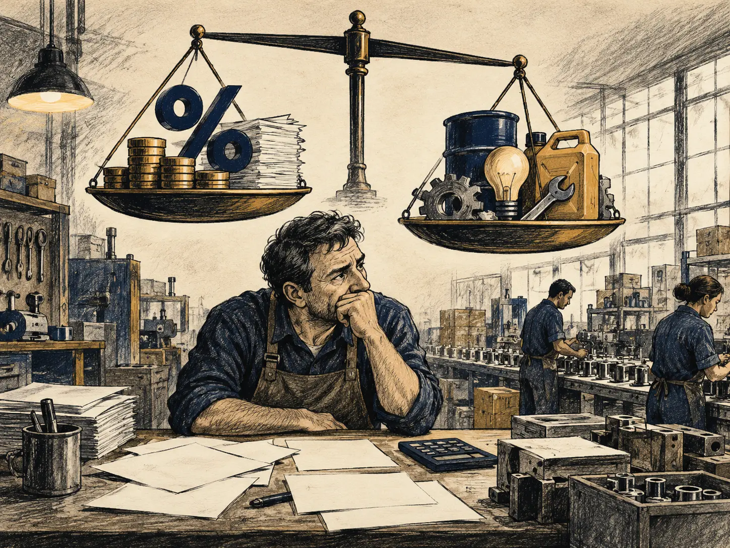 Ilustração editorial de oficina industrial genérica com balança entre crédito e custos