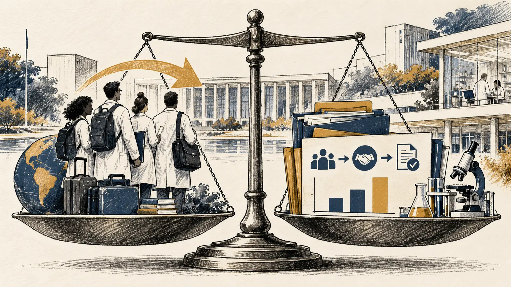 Ilustração editorial com pesquisadores e malas de um lado de uma balança, e pastas, gráfico, microscópio e documento conferido do outro, diante de um campus institucional.