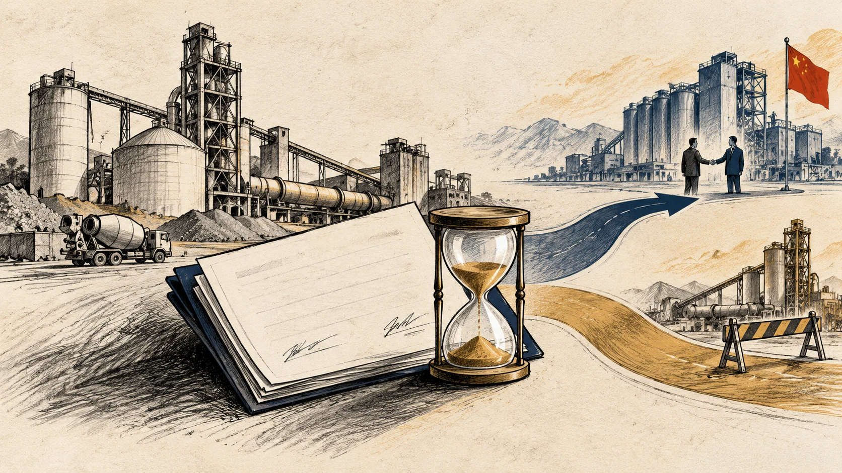 Ilustração editorial de uma fábrica de cimento, um documento em branco, uma ampulheta e caminhos de negociação