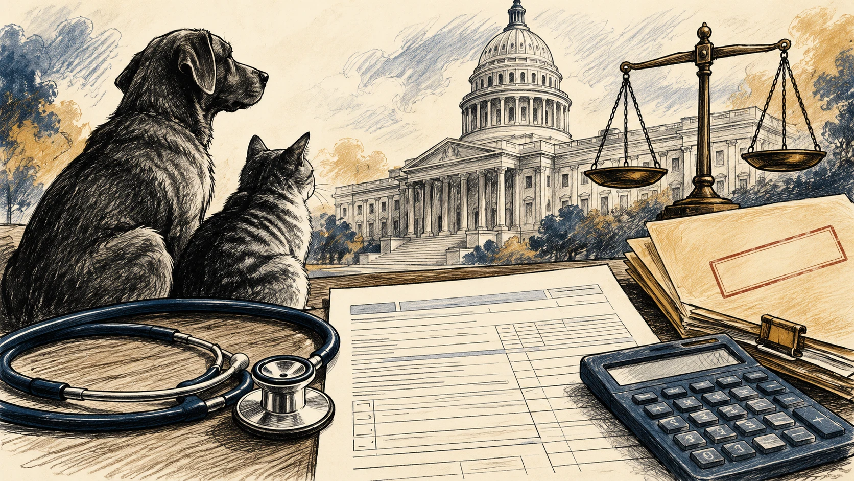 Ilustração editorial em grafite, carvão e tinta de um animal doméstico genérico, estetoscópio veterinário, formulário tributário sem texto, calculadora, balança e edifício legislativo