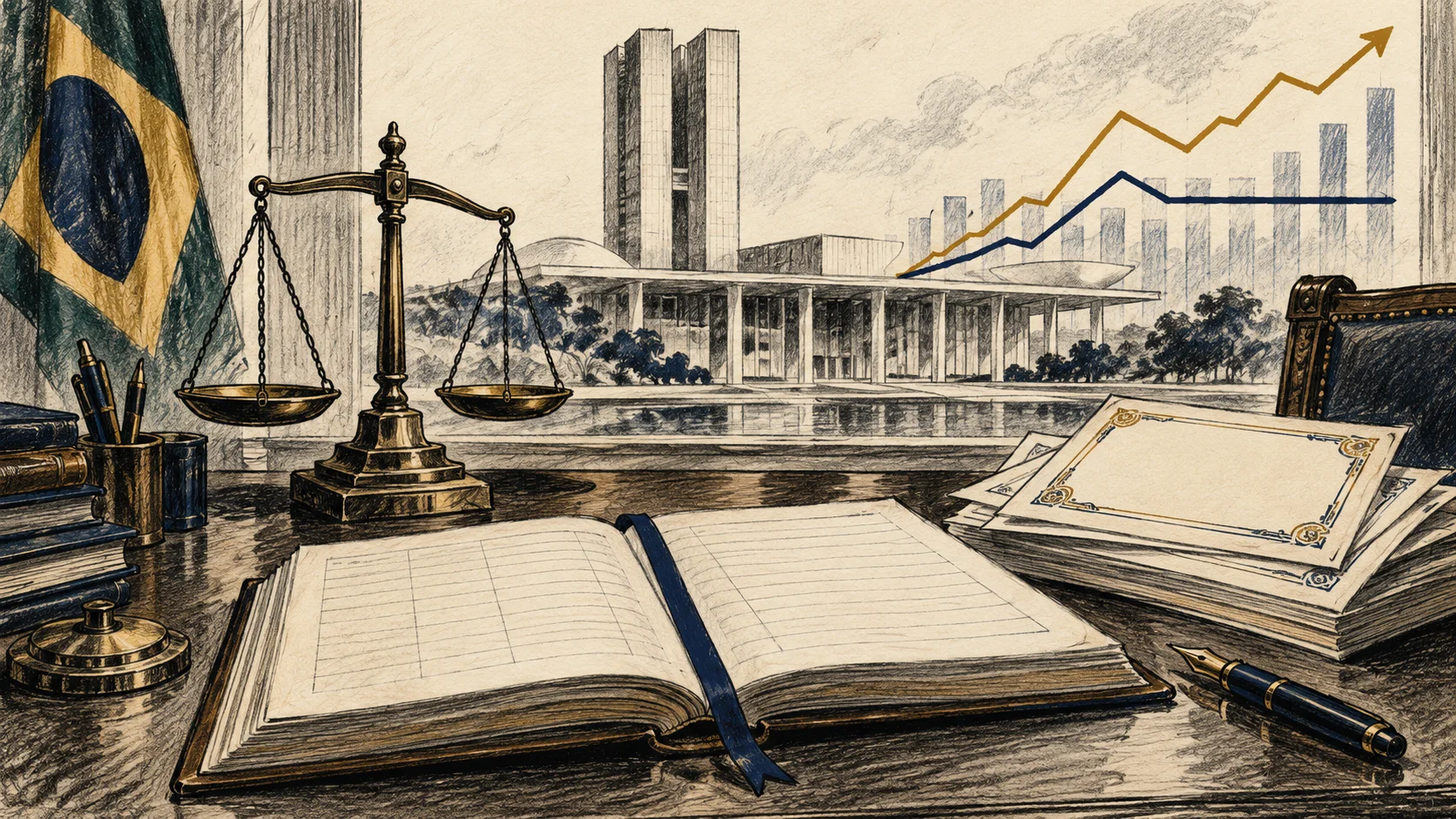 Ilustração editorial de um relatório de dívida pública, títulos em branco, uma balança e uma instituição do Tesouro