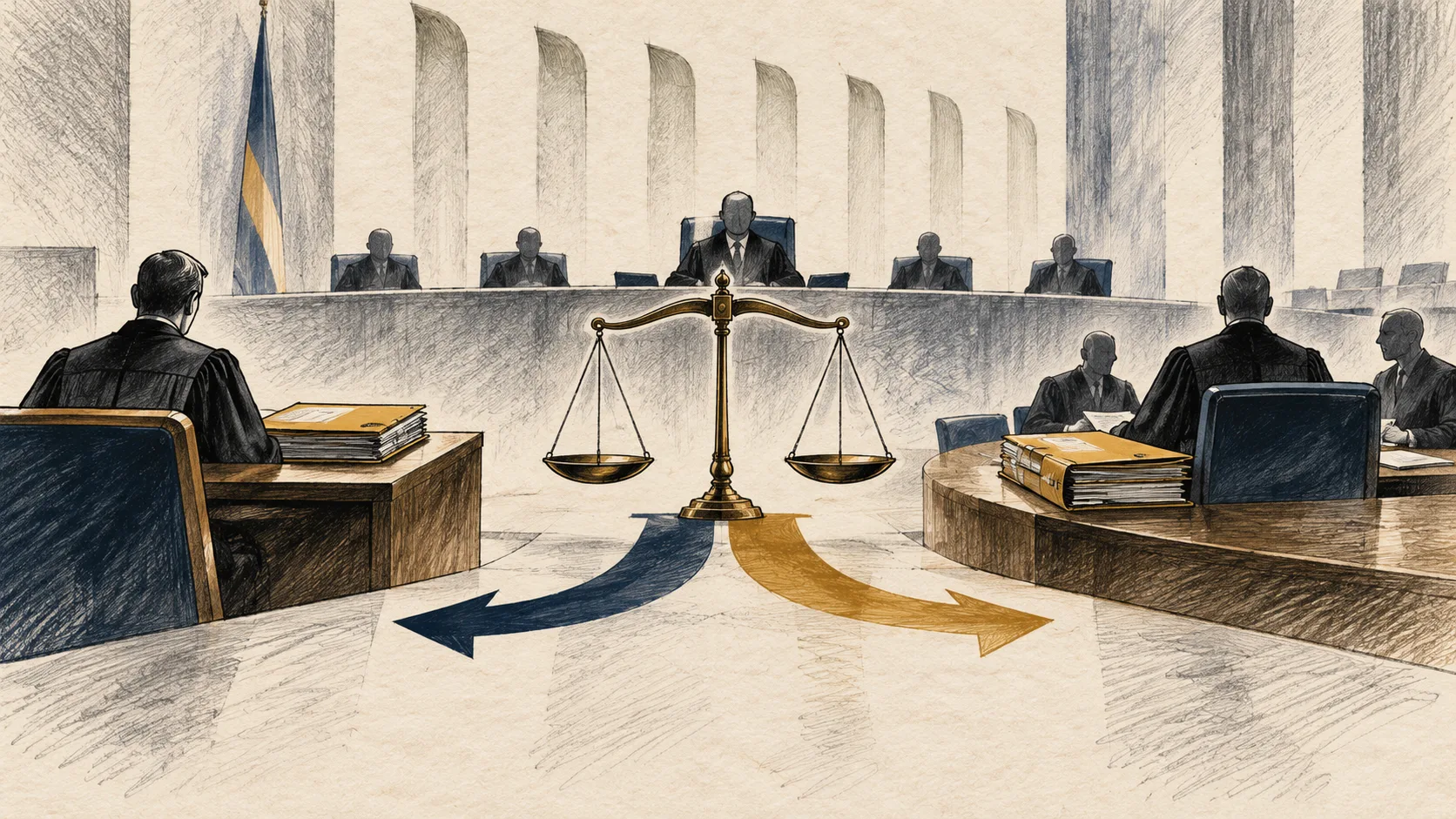 Ilustração editorial de uma corte abstrata com uma balança e dois caminhos processuais