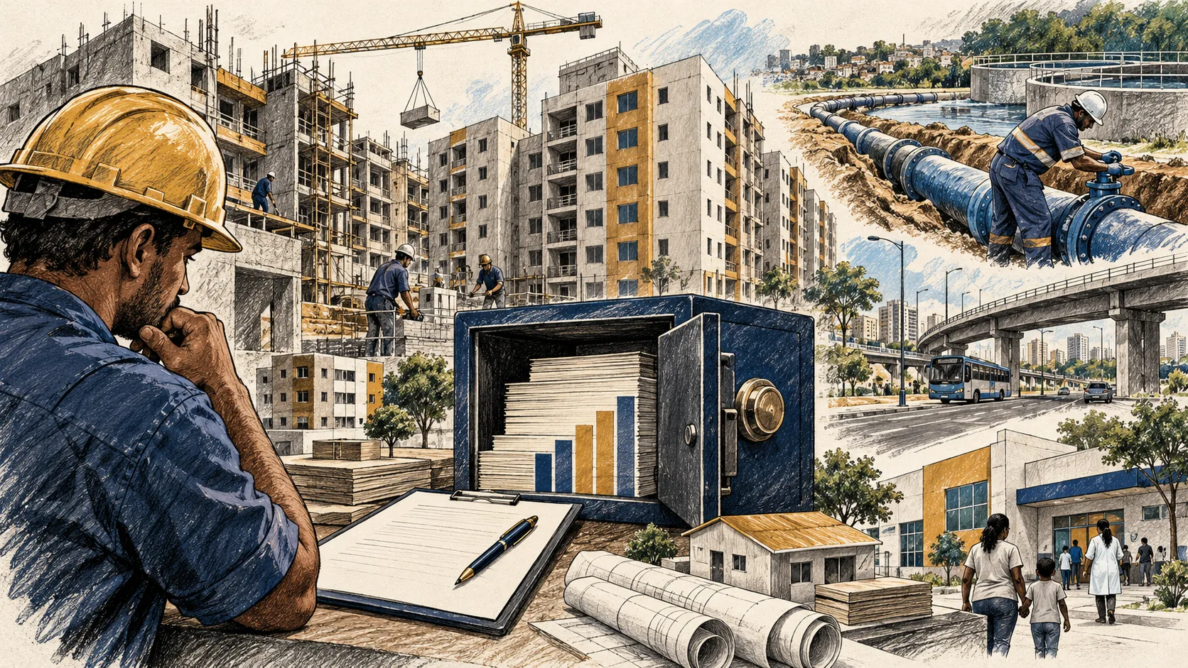 Ilustração editorial de habitação, infraestrutura urbana e um fundo público representado por um cofre