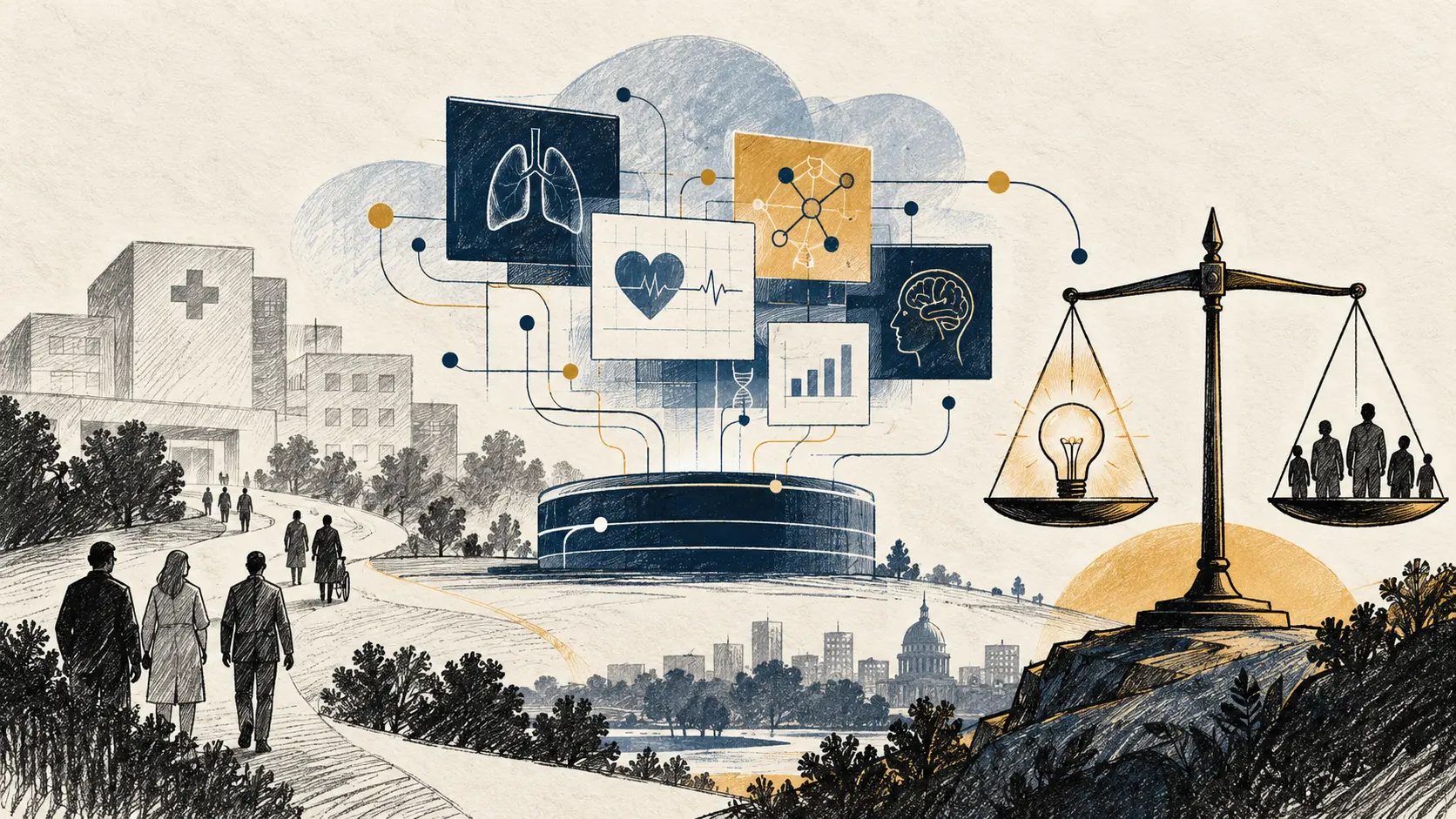 Ilustração editorial de hospital genérico, dados clínicos abstratos e balança entre inovação e responsabilidade pública