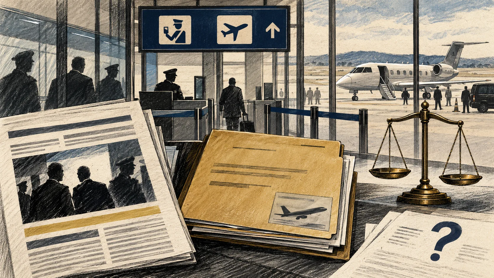 Ilustração editorial em grafite, carvão e tinta de um posto aeroportuário genérico, pasta de documentos, avião executivo e balança em azul-marinho e ocre; não é registro fotográfico do evento.
