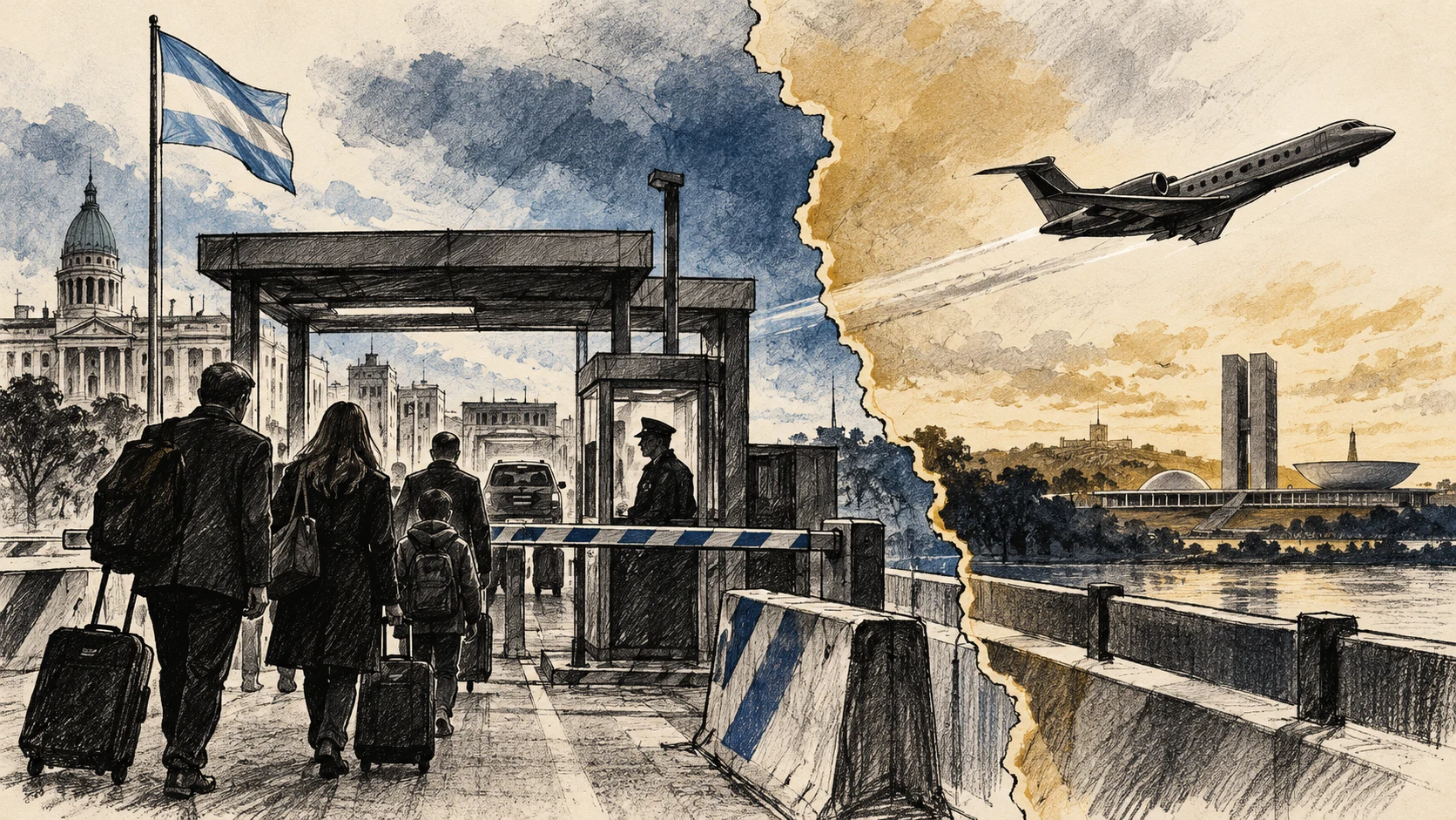 Ilustração editorial de um posto de fronteira, uma família com malas e um avião privado entre paisagens institucionais