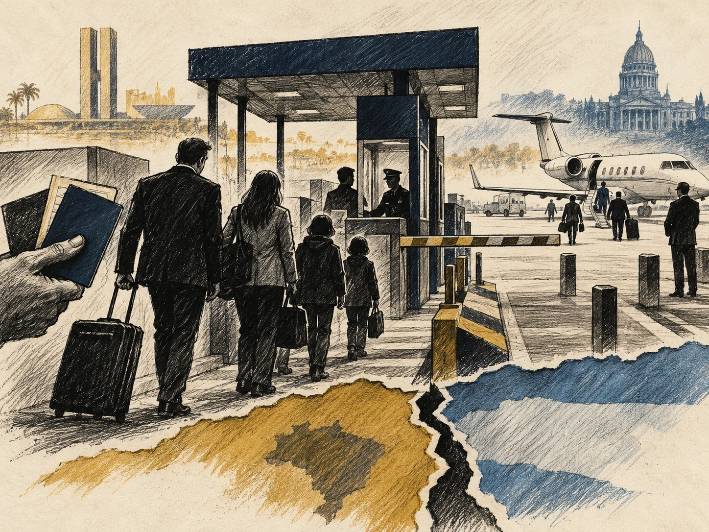 Ilustração editorial de um posto de fronteira, uma família com malas e um avião privado entre paisagens institucionais