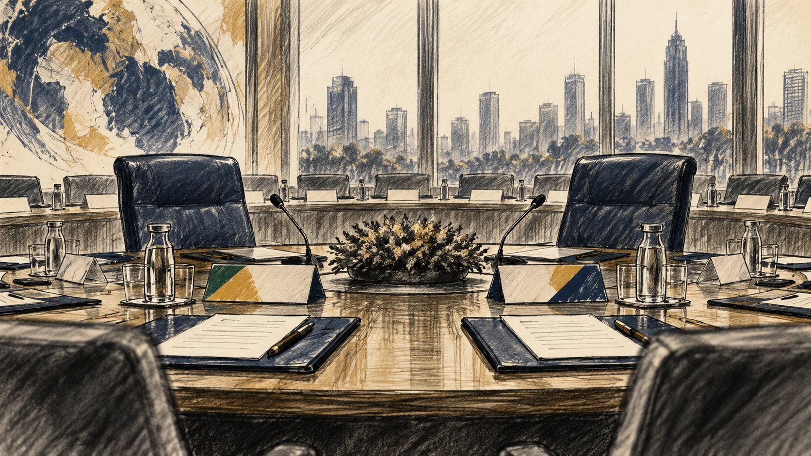 Ilustração editorial de uma mesa multilateral, documentos de agenda e cadeiras institucionais