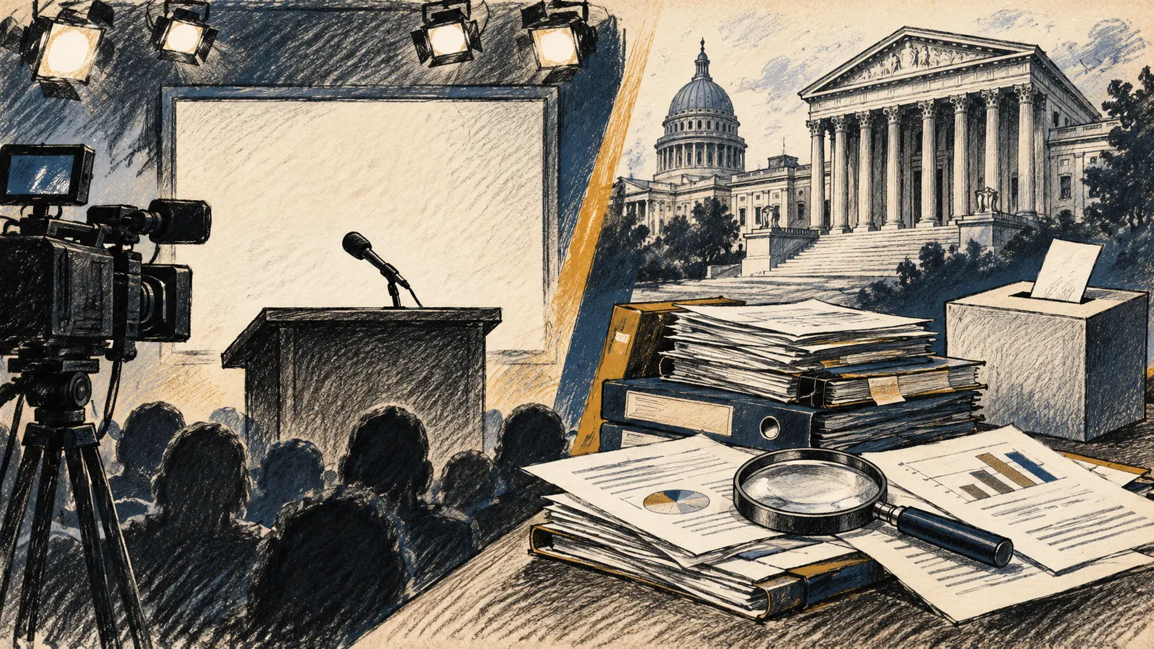 Ilustração editorial de microfone e câmera diante de edifícios institucionais e urna genérica