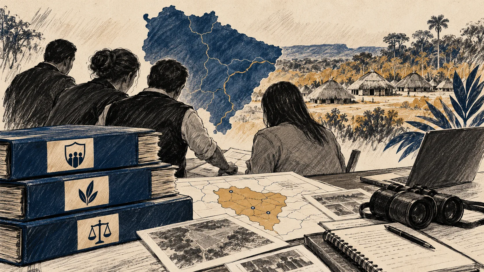 Ilustração editorial de um mapa do Mato Grosso do Sul, uma aldeia genérica e documentos de investigação