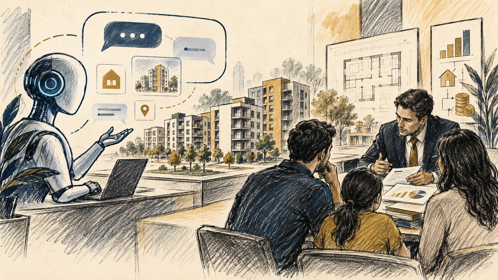Ilustração editorial com uma interface abstrata de IA e edifícios residenciais de um lado, e uma família revisando documentos com um corretor do outro.