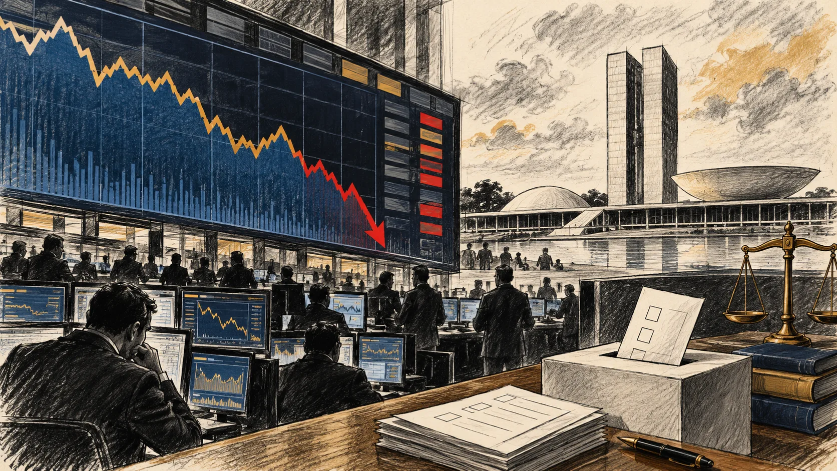 Ilustração editorial de um mercado em ajuste, uma urna e uma balança de risco