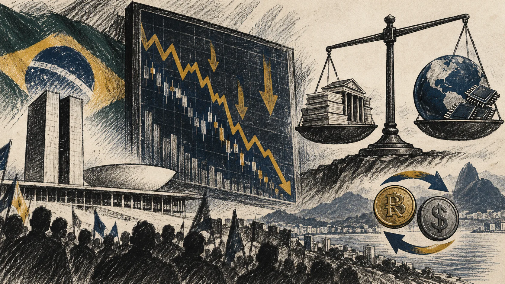 Ilustração editorial de um ajuste de mercado com seta descendente e balança entre fatores fiscais e externos