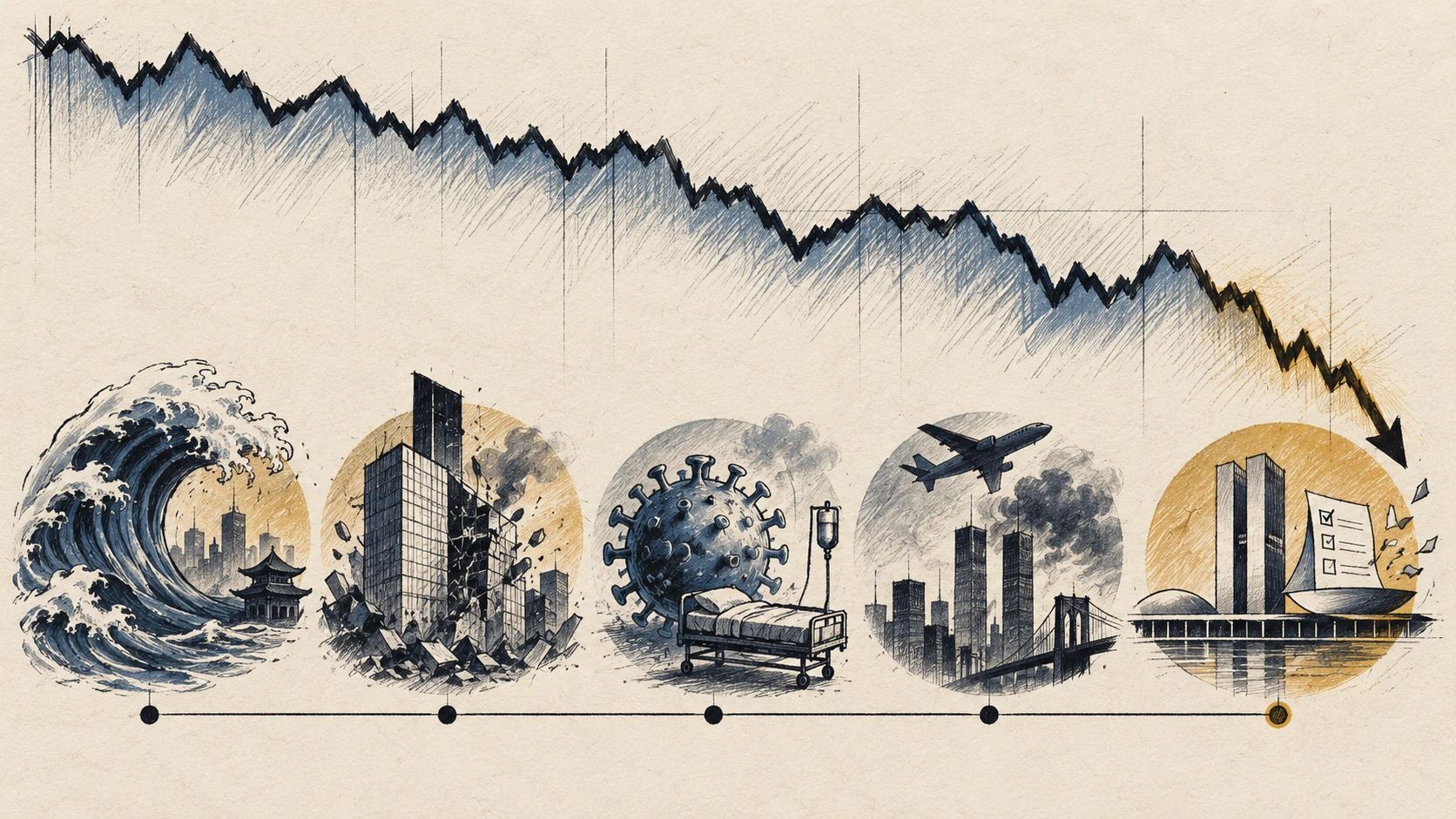 Ilustração editorial com linha de mercado em queda, balança e símbolos genéricos de cinco episódios de choque financeiro
