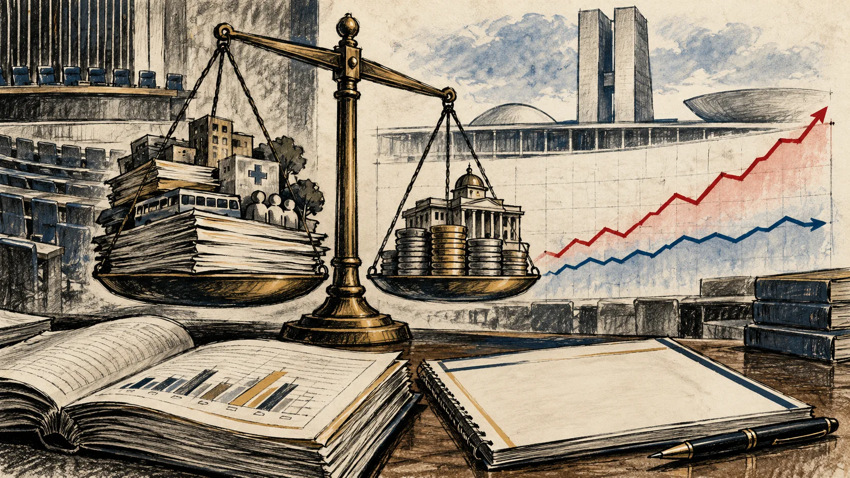 Ilustração editorial de contas públicas, escalas e projeções fiscais divergentes