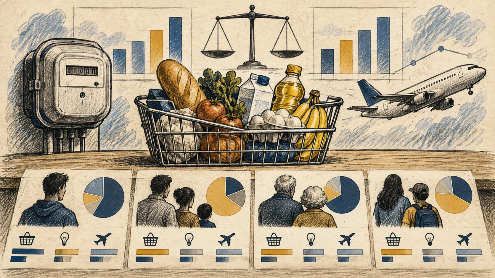 Ilustração editorial em grafite, carvão e tinta de cestas de compras, medidor de energia, símbolos de transporte, balança e gráficos abstratos