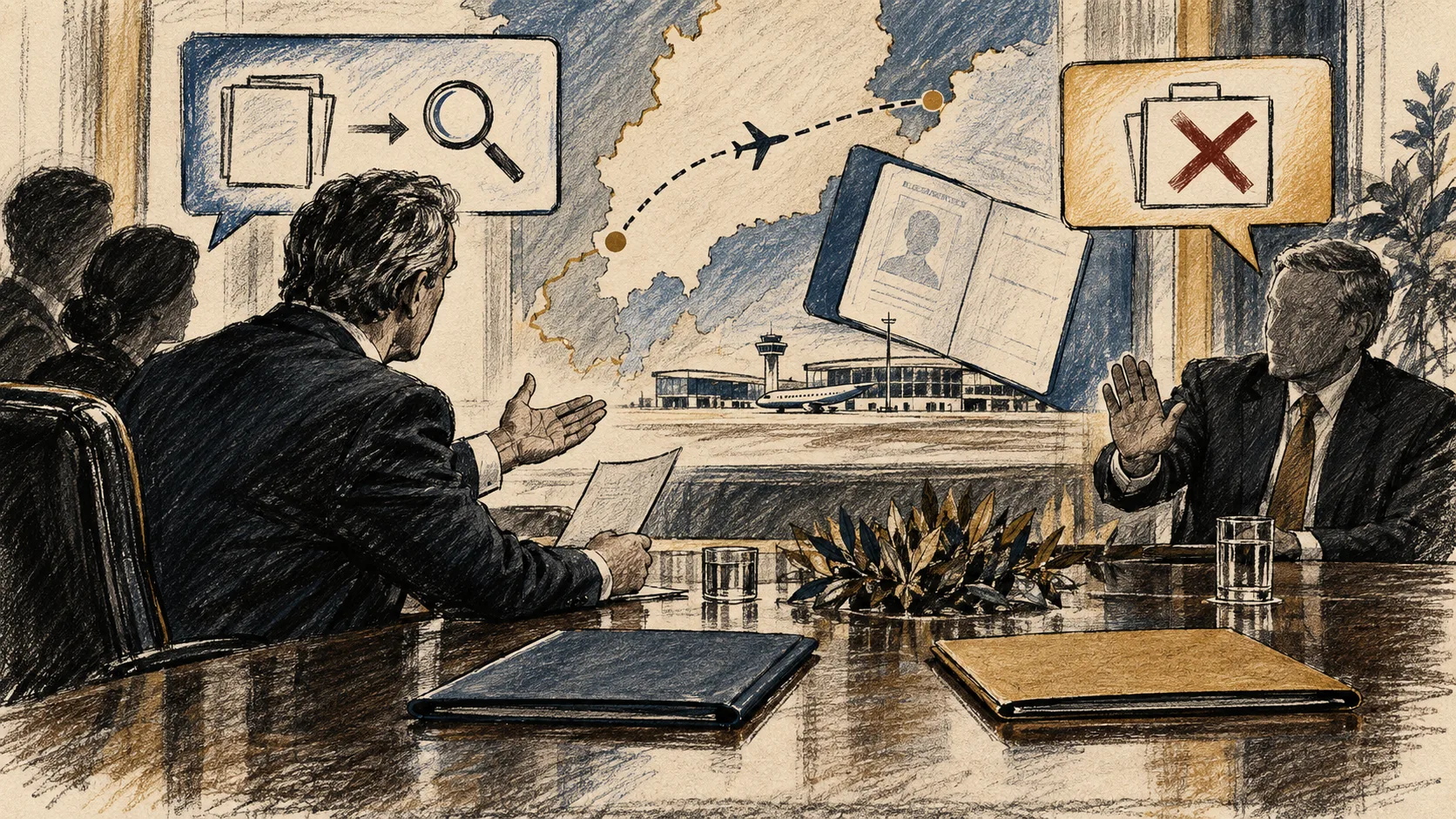 Ilustração editorial de uma mesa diplomática, pastas sem texto e um mapa de fronteira entre um pedido e uma negativa