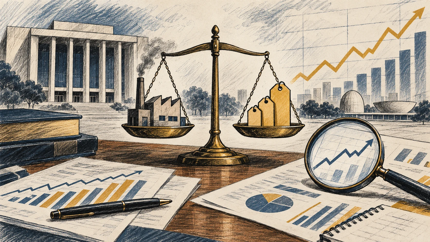 Ilustração editorial em grafite e tinta de mesa de análise, balança entre atividade e inflação, gráficos abstratos e edifício institucional