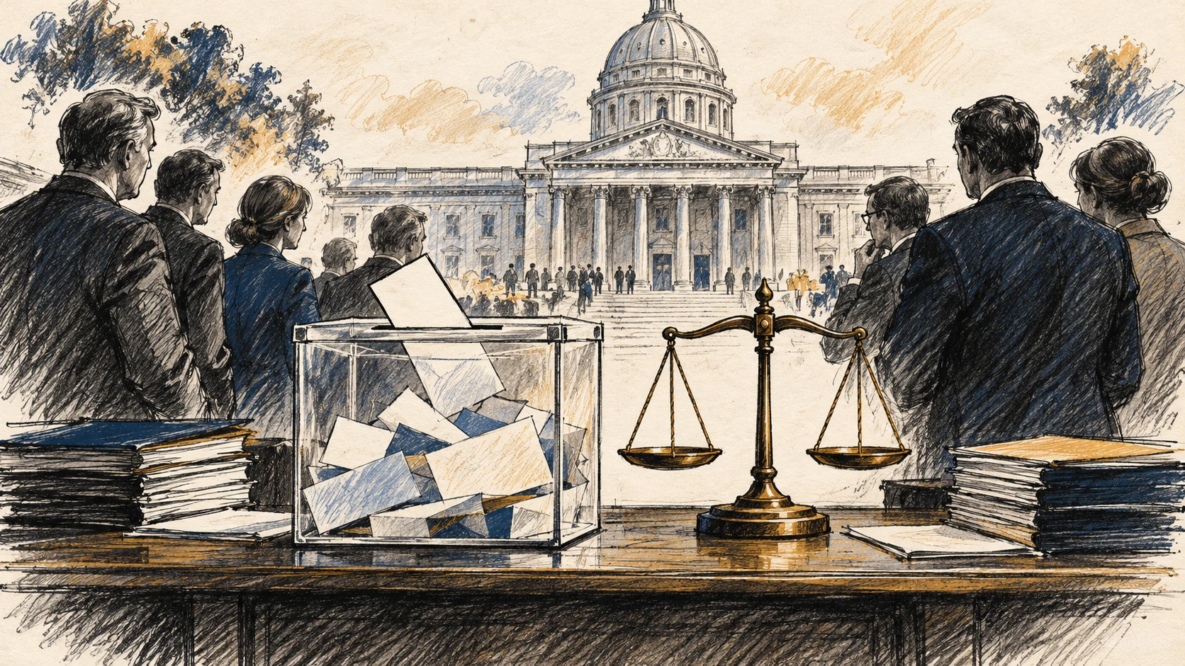 Ilustração editorial sobre resposta institucional após uma eleição, com urna, documentos e balança