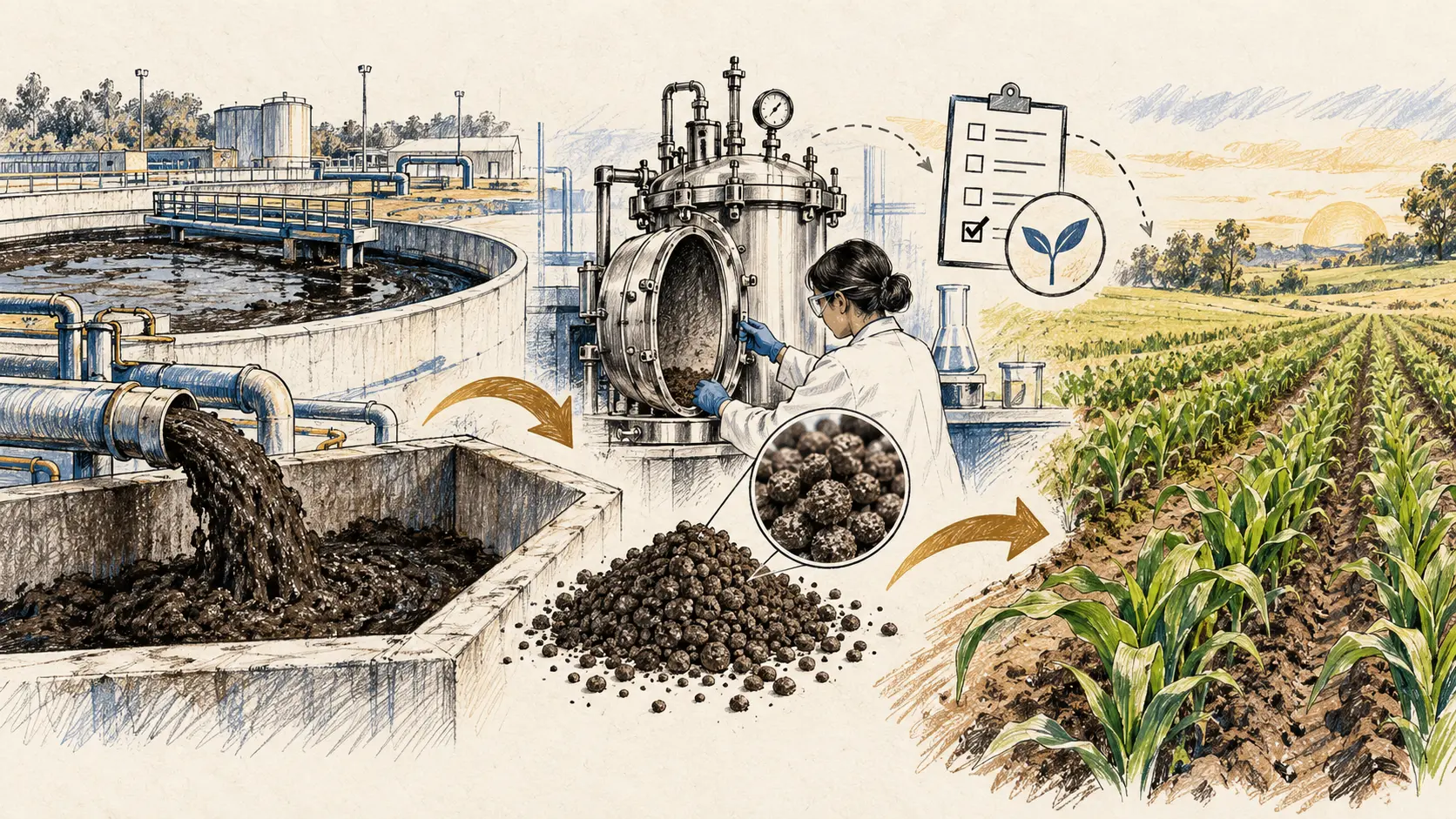 Ilustração editorial que mostra um fluxo simbólico de lodo de tratamento de água para um vaso de conversão, grânulos e uma plantação, com checklist de testes.