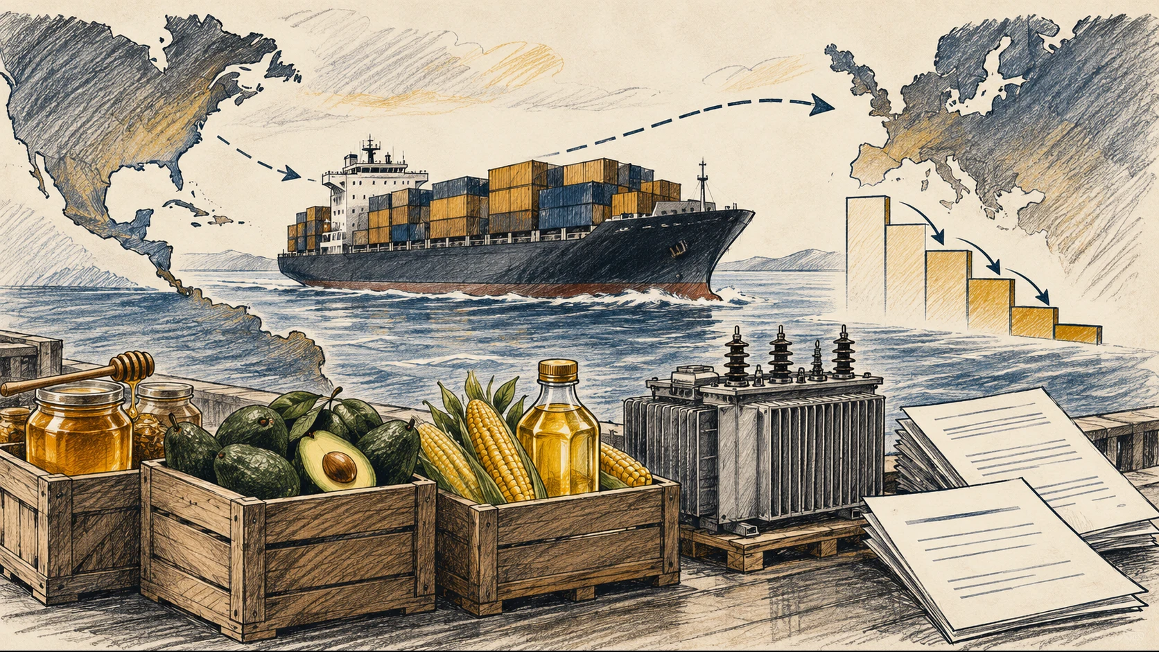 Ilustração editorial de navio cargueiro, contêineres, produtos e degraus tarifários sem texto legível