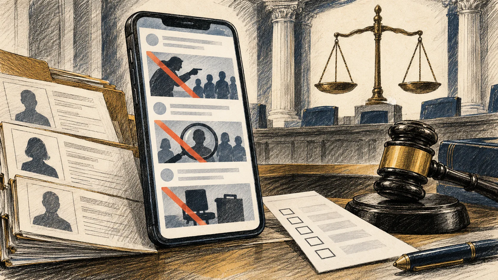 Ilustração editorial de um smartphone com publicações bloqueadas, arquivos de trabalhadores e uma balança da Justiça