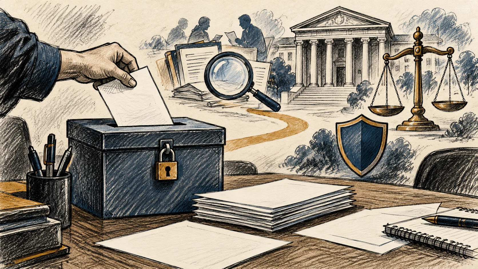 Ilustração editorial em grafite, carvão e tinta de uma caixa de denúncias, documentos sem texto legível, escudo, balança e edifício institucional