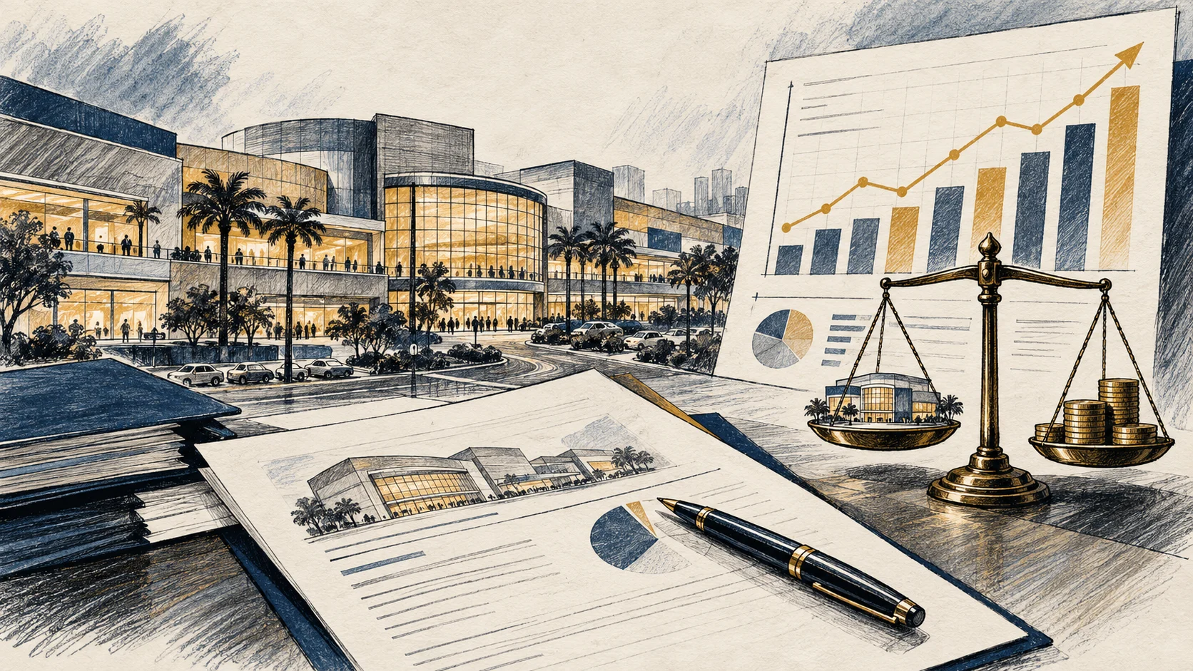 Ilustração editorial de um shopping center, gráficos de resultados e uma balança financeira