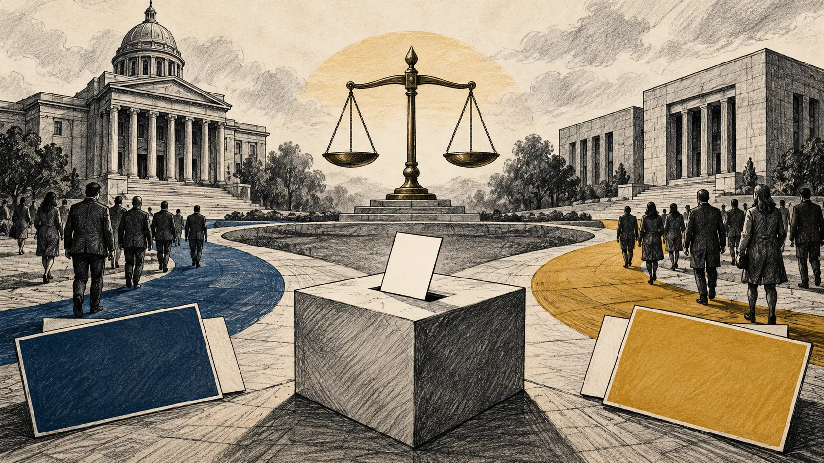 Ilustração editorial de urna genérica, edifícios institucionais, balança da Justiça e cartões partidários sem logos