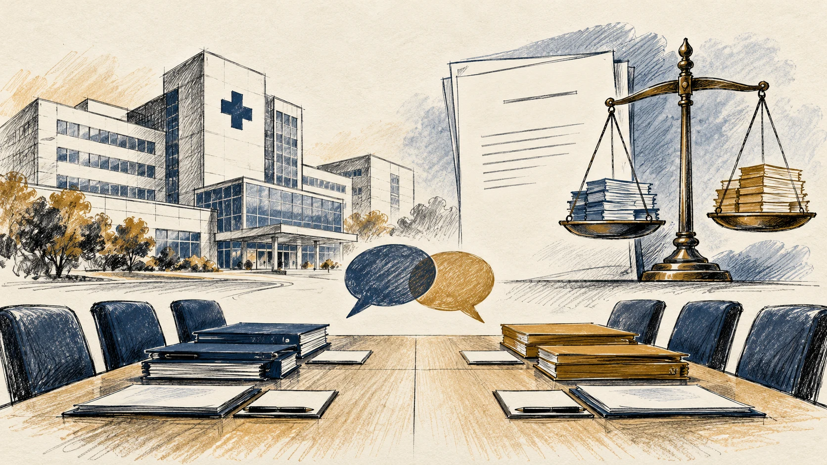 Ilustração editorial de um hospital genérico, uma balança e pastas de credores ao lado de um plano sem texto legível
