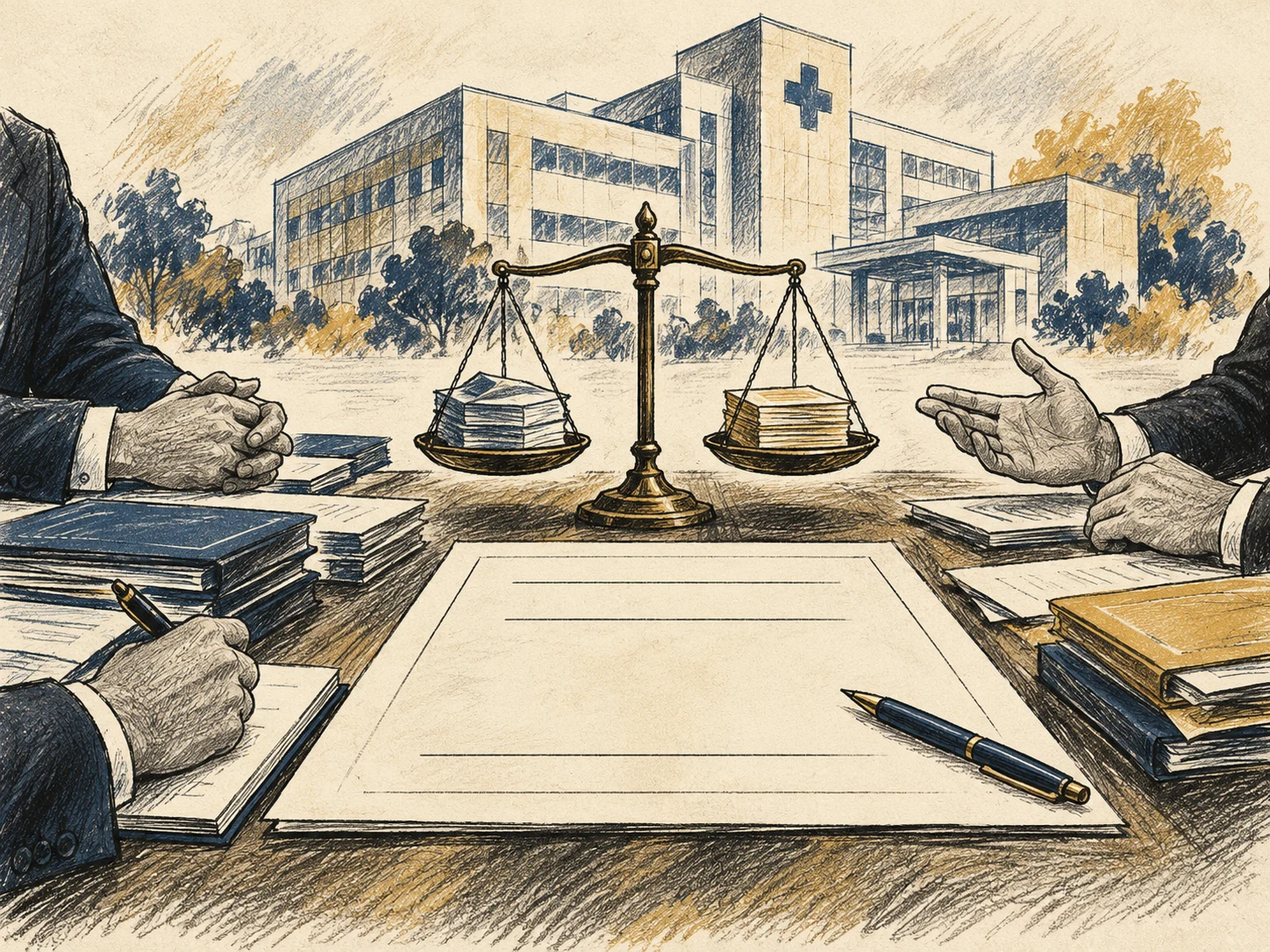 Ilustração editorial de um hospital genérico, uma balança e pastas de credores ao lado de um plano sem texto legível