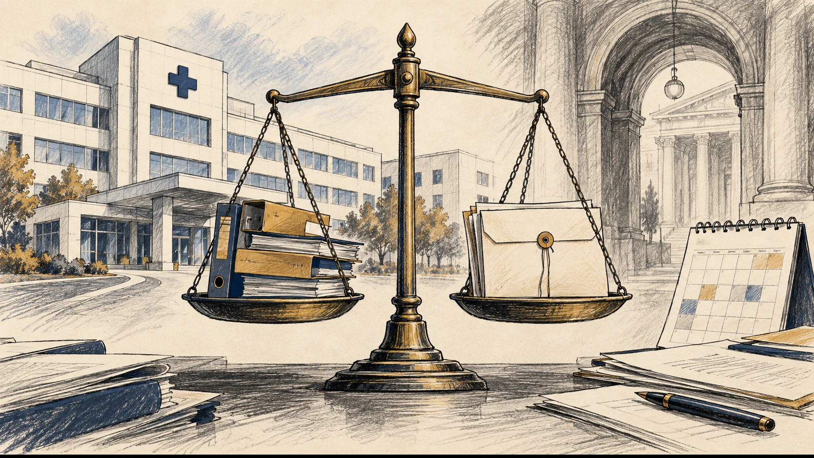 Ilustração editorial de um hospital genérico, uma balança, pastas de credores e um envelope processual sem texto legível