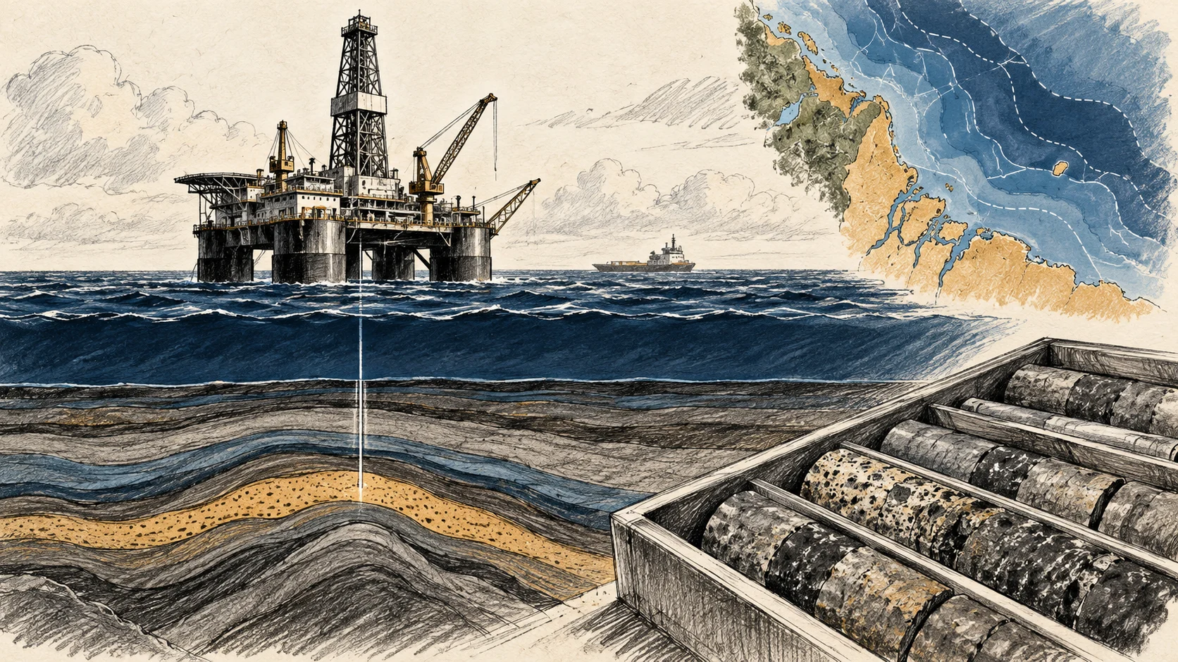 Ilustração editorial de uma sonda genérica em mar aberto, linhas geológicas e amostras de rocha