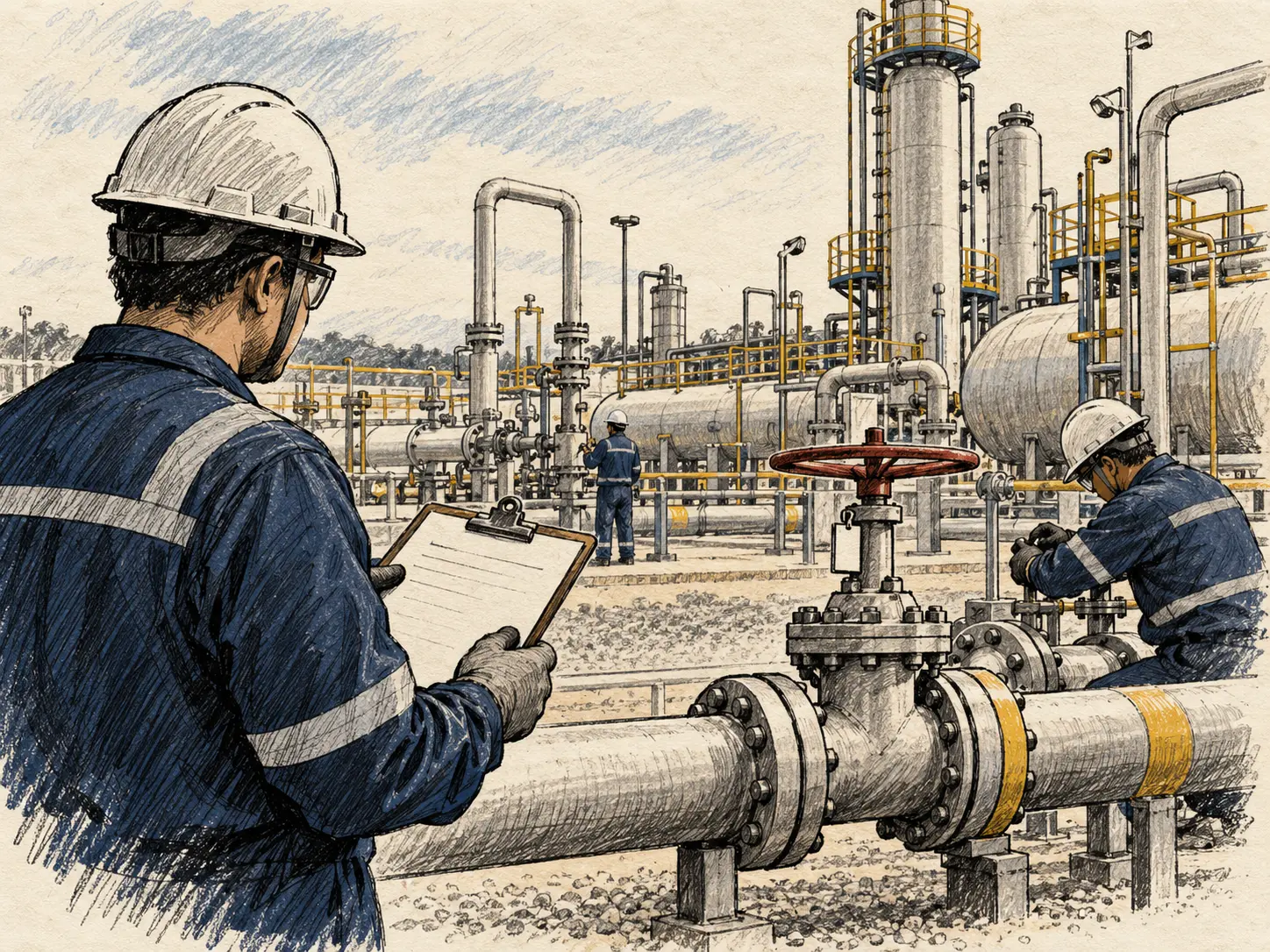 Ilustração editorial de unidade genérica de tratamento de gás com tubulações, válvulas e prancheta de manutenção