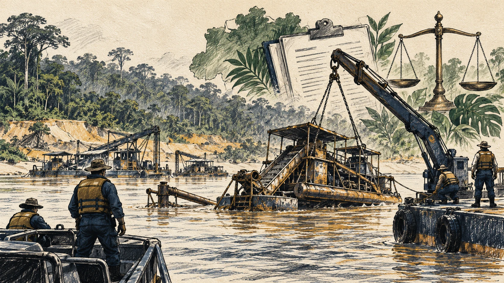 Ilustração editorial de um rio amazônico genérico, dragas abstratas, uma balança ambiental e documentos institucionais sem texto legível