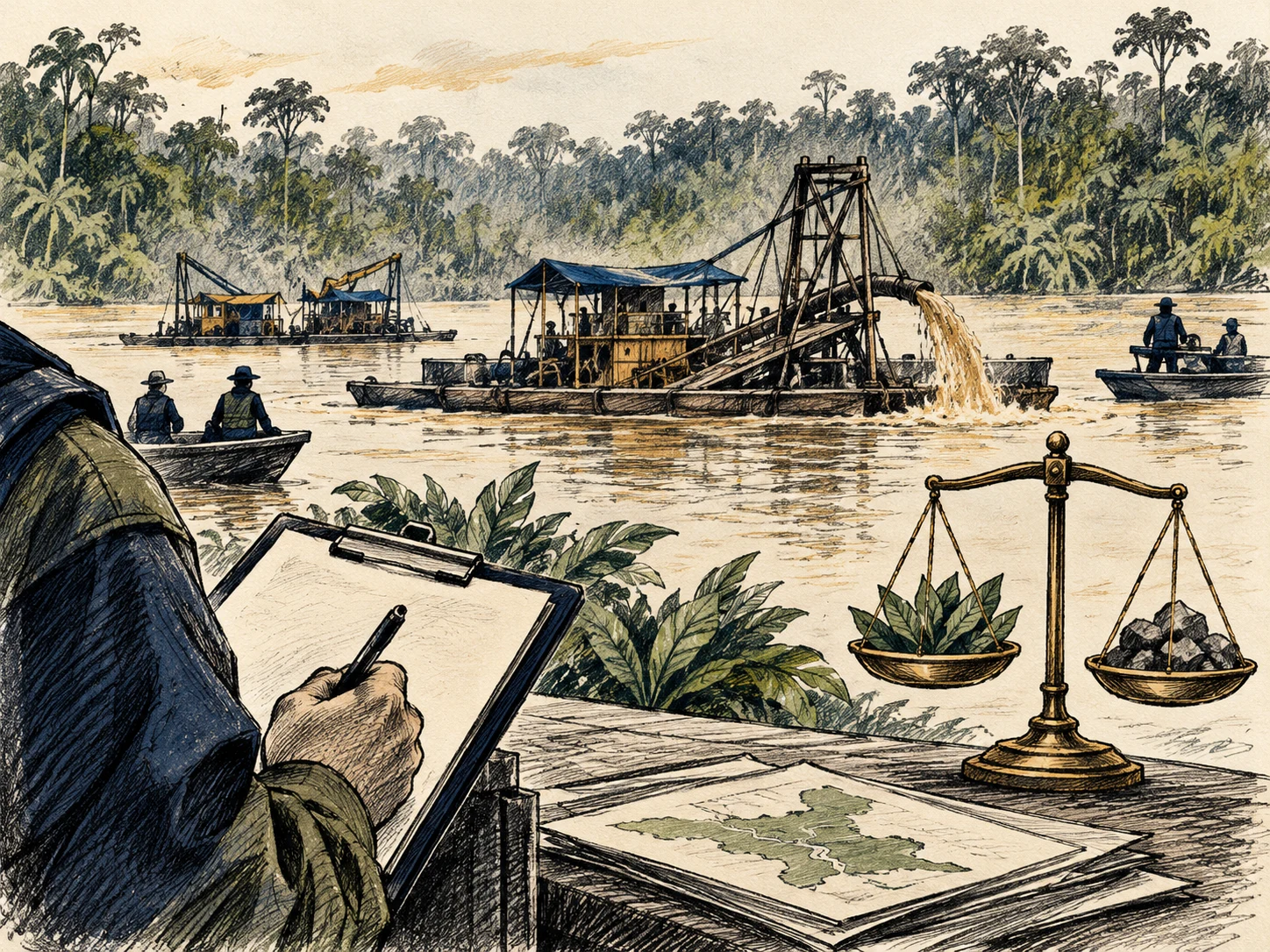 Ilustração editorial de um rio amazônico genérico, dragas abstratas, uma balança ambiental e documentos institucionais sem texto legível