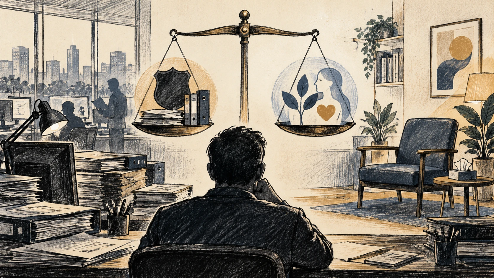 Ilustração editorial de um ambiente de trabalho público, balança entre carga de trabalho e cuidado e símbolo abstrato de apoio psicológico