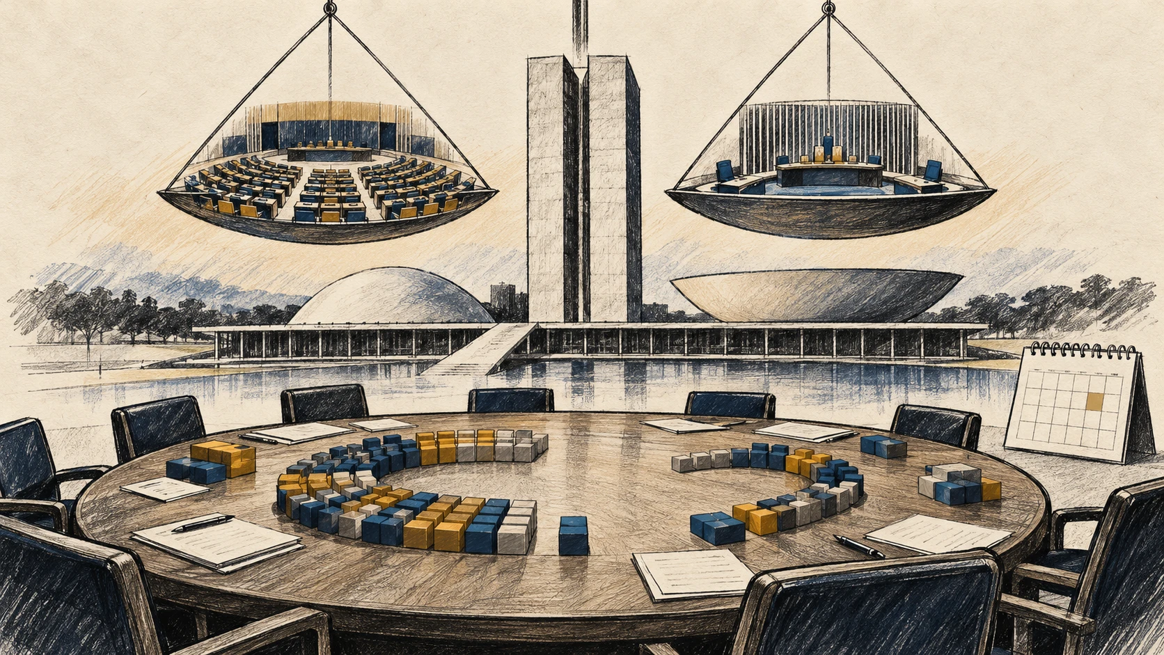 Ilustração editorial com duas Casas legislativas genéricas, balança, blocos de coalizão e calendário sem texto legível